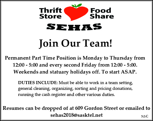 Sehas Thrift Store- Moosomin - permanent Part time Position 